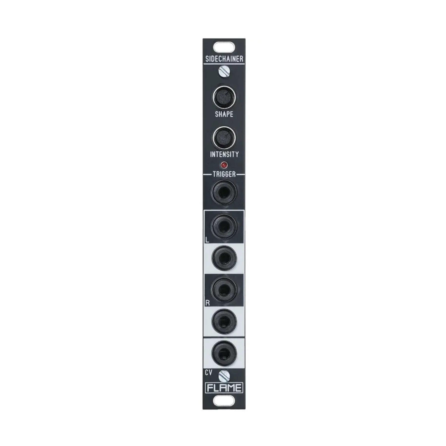 Narrow black eurorack module with two knobs, six 1/8 inch jacks, and labelled controls.