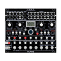 Top view of a black Flame TAKT rhythm sequencer eurorack module with multiple knobs, buttons, jacks, and a digital display.
