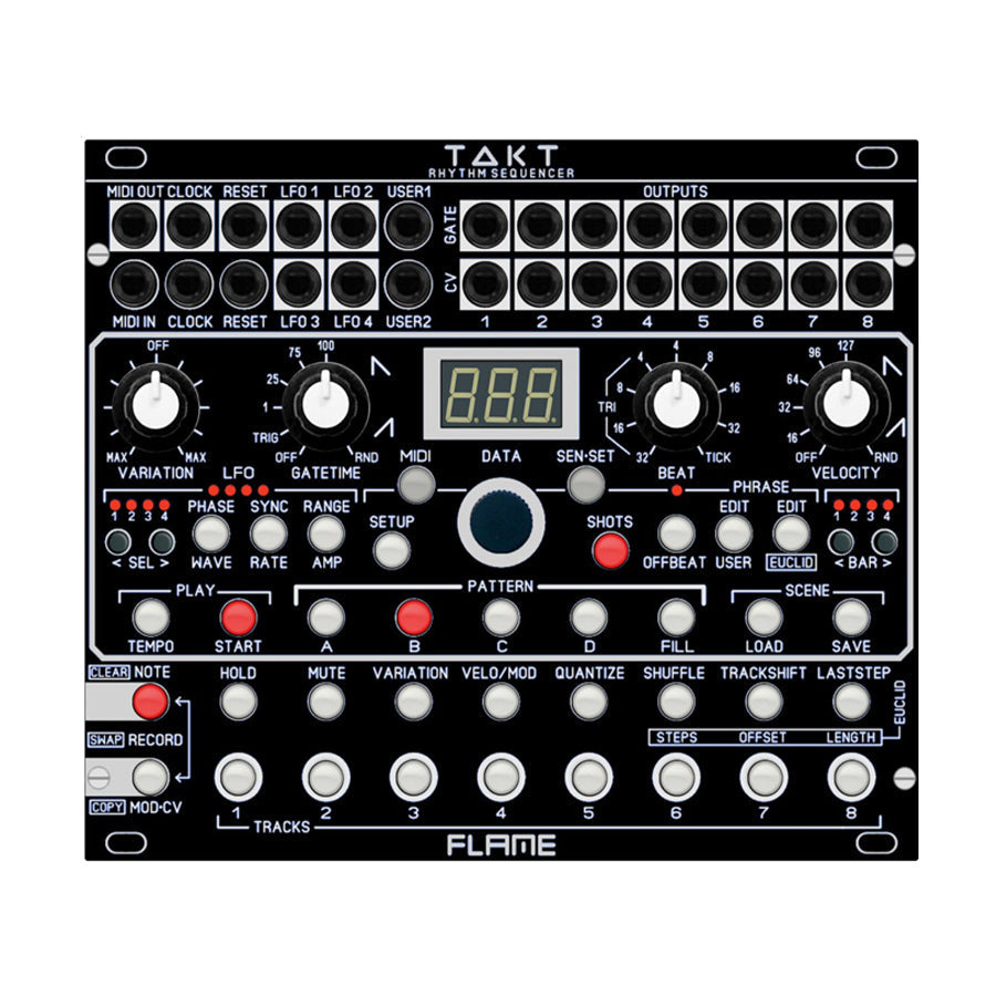 Top view of a black Flame TAKT rhythm sequencer eurorack module with multiple knobs, buttons, jacks, and a digital display.