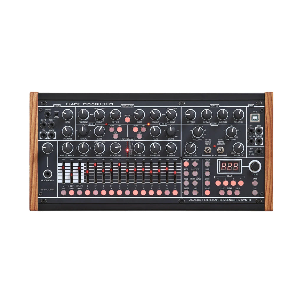 Front view of analog filterbank sequencer and synthesizer with knobs, sliders, buttons, ports, and wooden sides.