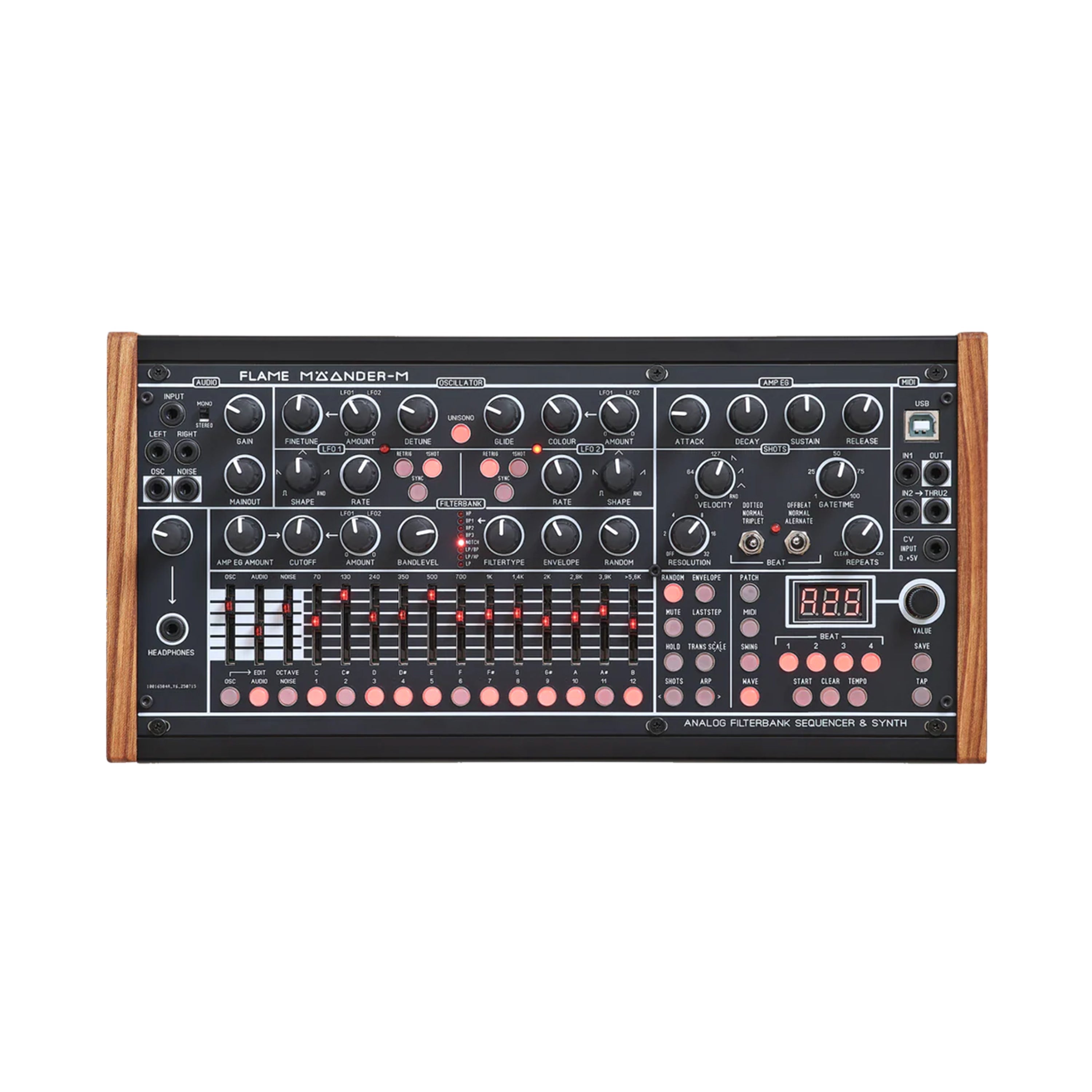 Front view of analog filterbank sequencer and synthesizer with knobs, sliders, buttons, ports, and wooden sides.