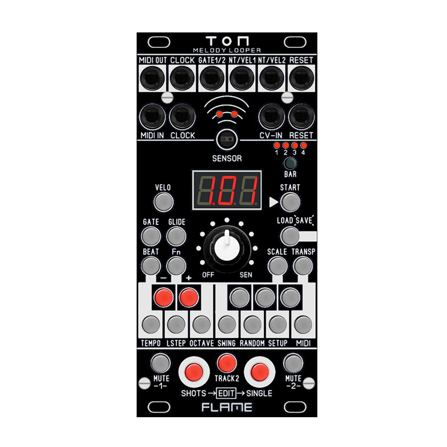 Front panel of a Flame Ton eurorack module with multiple jacks, buttons, knobs, and a digital display showing 1.01.