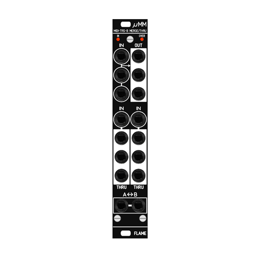 Front panel of a black and white Eurorack module with multiple 6.35mm jack sockets labeled IN, OUT, and THRU.