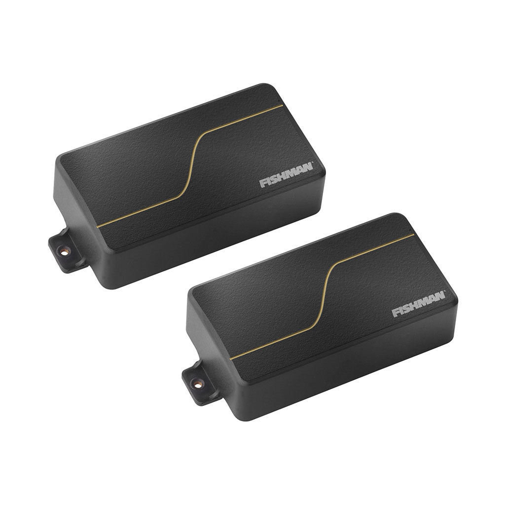Two black rectangular guitar pickups with gold line design and FISHMAN branding.