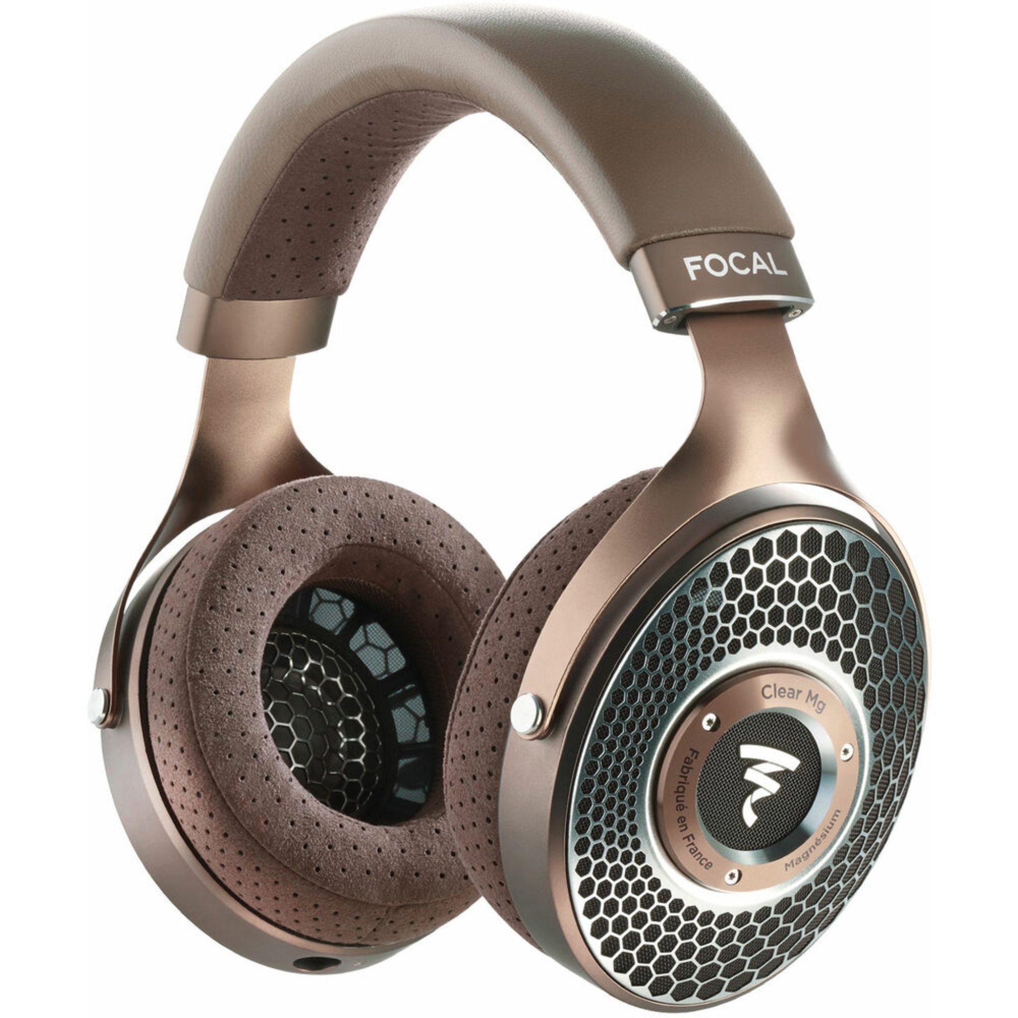 Brown over-ear open-back headphones with metal honeycomb ear cups and fabric ear padding.