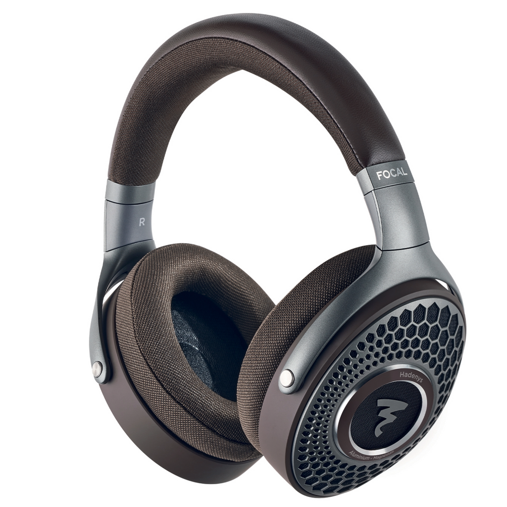 Brown and gray over-ear open-back headphones with fabric ear cushions and metal headband accents.