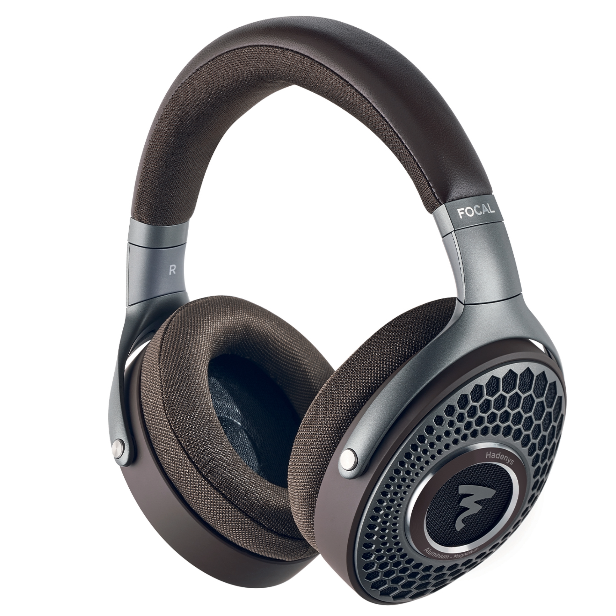 Brown and gray over-ear open-back headphones with fabric ear cushions and metal headband accents.