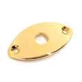 Gold-colored metal oval jack plate with three circular holes, photographed on a white background.