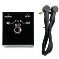 Black footswitch pedal with labeled LEDs and button, accompanied by a black cable with two angled 3.5mm plugs.