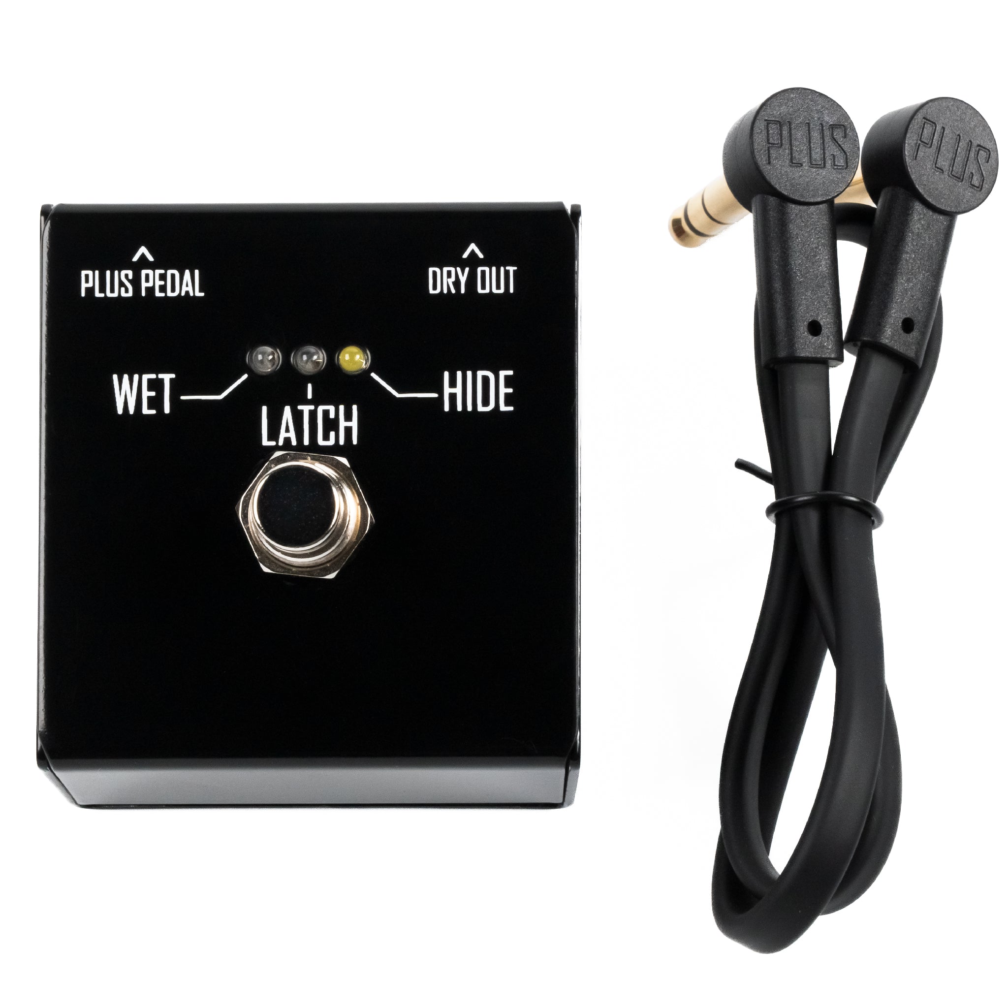 Black footswitch pedal with labeled LEDs and button, accompanied by a black cable with two angled 3.5mm plugs.
