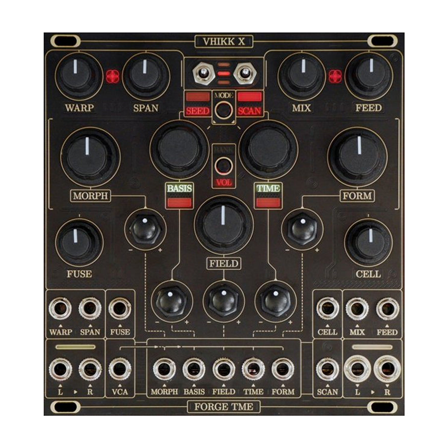 Forge TME VHIKK X eurorack module with multiple knobs, switches, and 3.5mm jack inputs and outputs.
