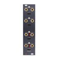 Narrow black audio module with eight 3.5mm jacks, toggle switches, and red LED indicators arranged vertically.