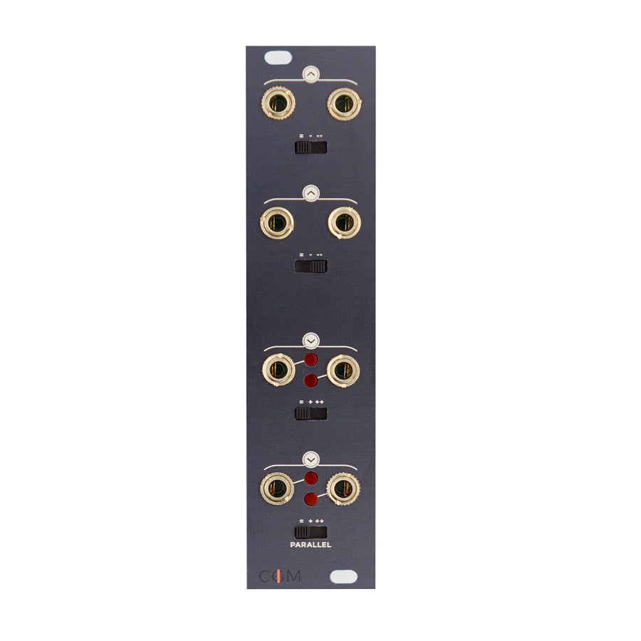 Narrow black audio module with eight 3.5mm jacks, toggle switches, and red LED indicators arranged vertically.