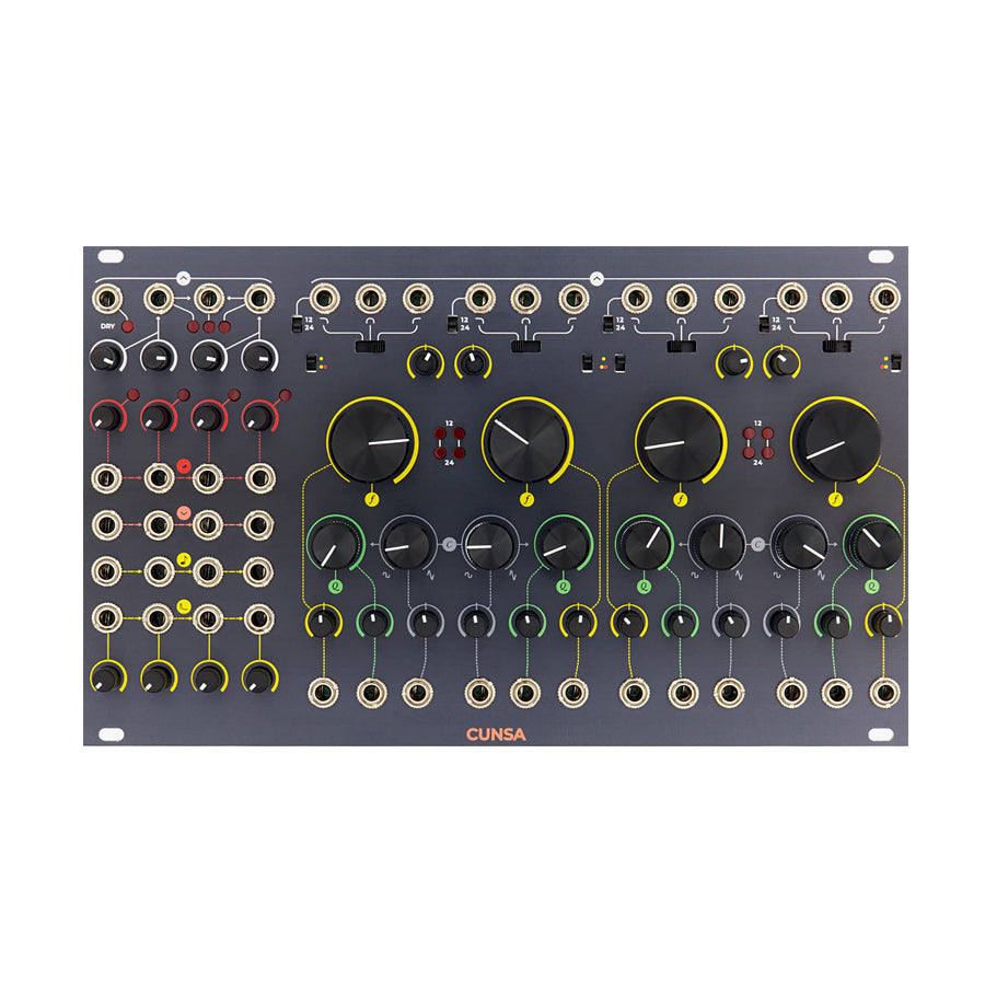 Black electronic module panel with multiple rotary knobs, toggle switches, and 3.5mm jacks labeled CUNSA.