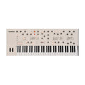 White electronic keyboard synthesizer with knobs, sliders, buttons, and two wheels on left side.