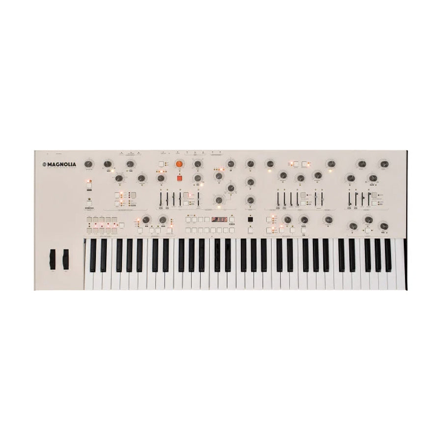 White electronic keyboard synthesizer with knobs, sliders, buttons, and two wheels on left side.