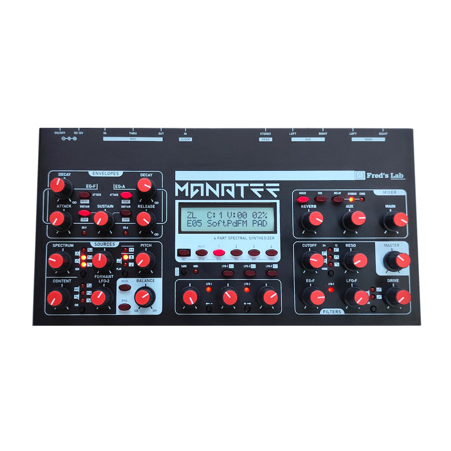 Top view of a black Fred's Lab Manatee 4-part spectral synthesizer with red knobs and a digital display.