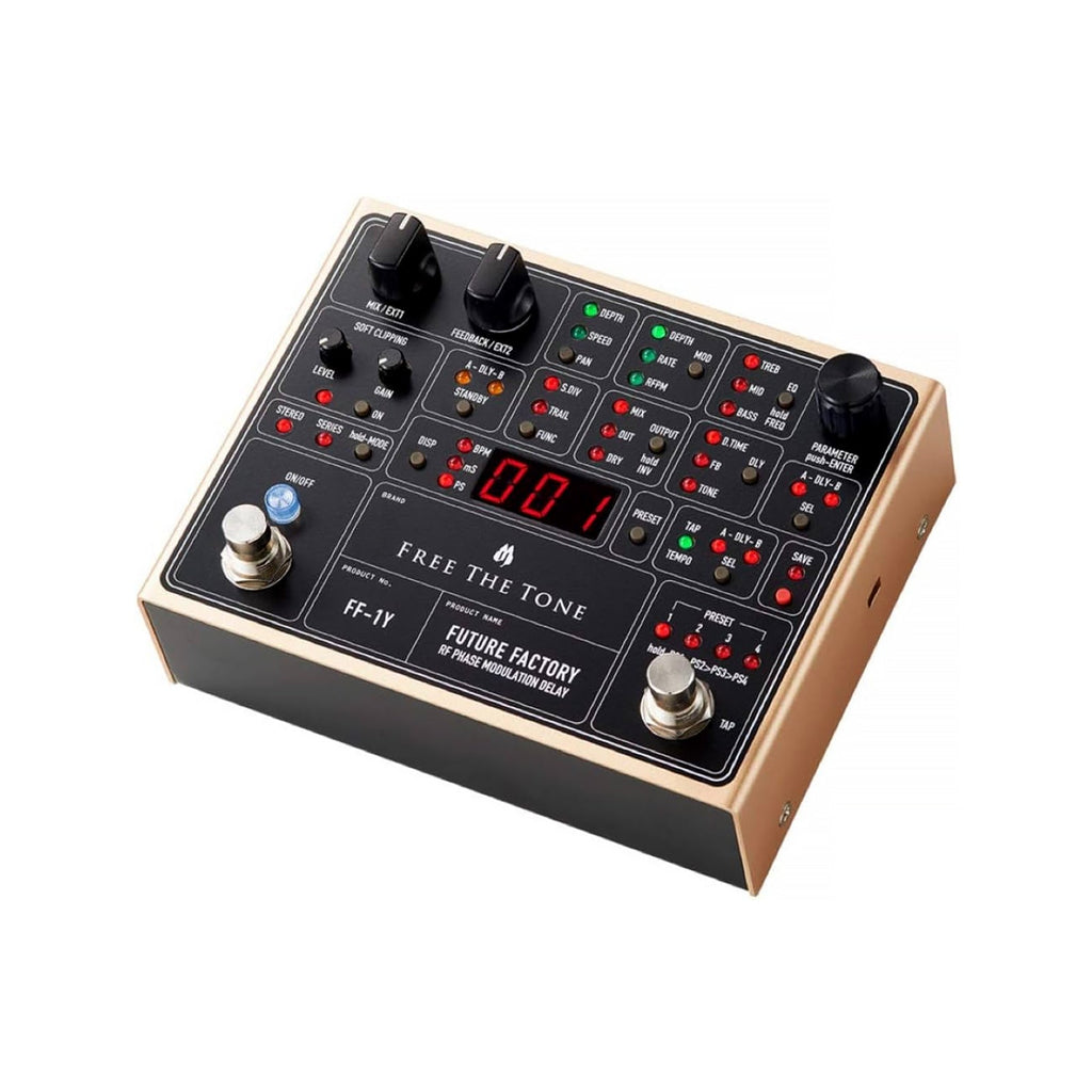 Free The Tone Future Factory pedal with multiple knobs, buttons, LEDs, and two footswitches on a black and gold chassis.