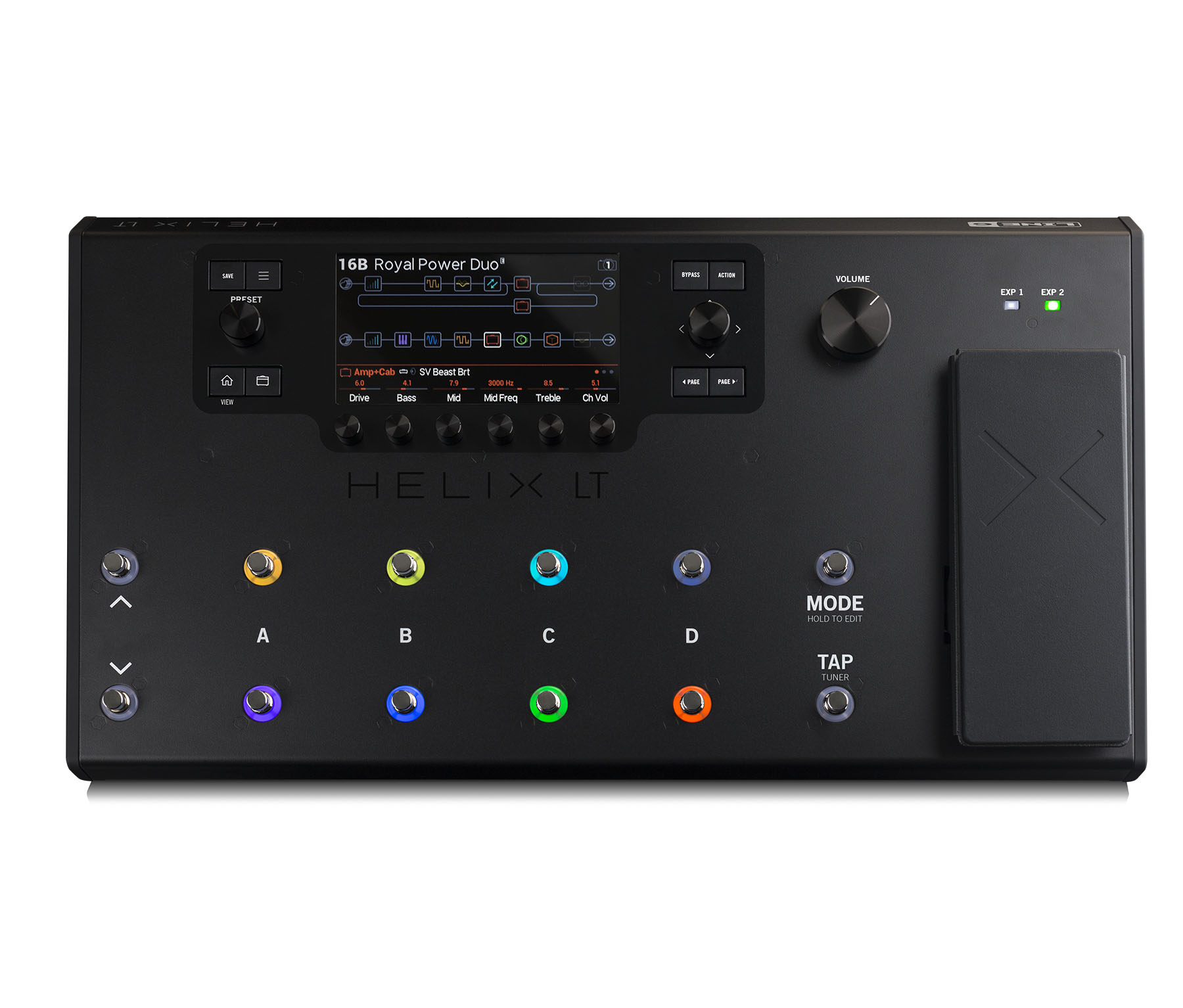 Black multi-effects guitar floor processor with colored footswitches, expression pedal, screen, and multiple control knobs.