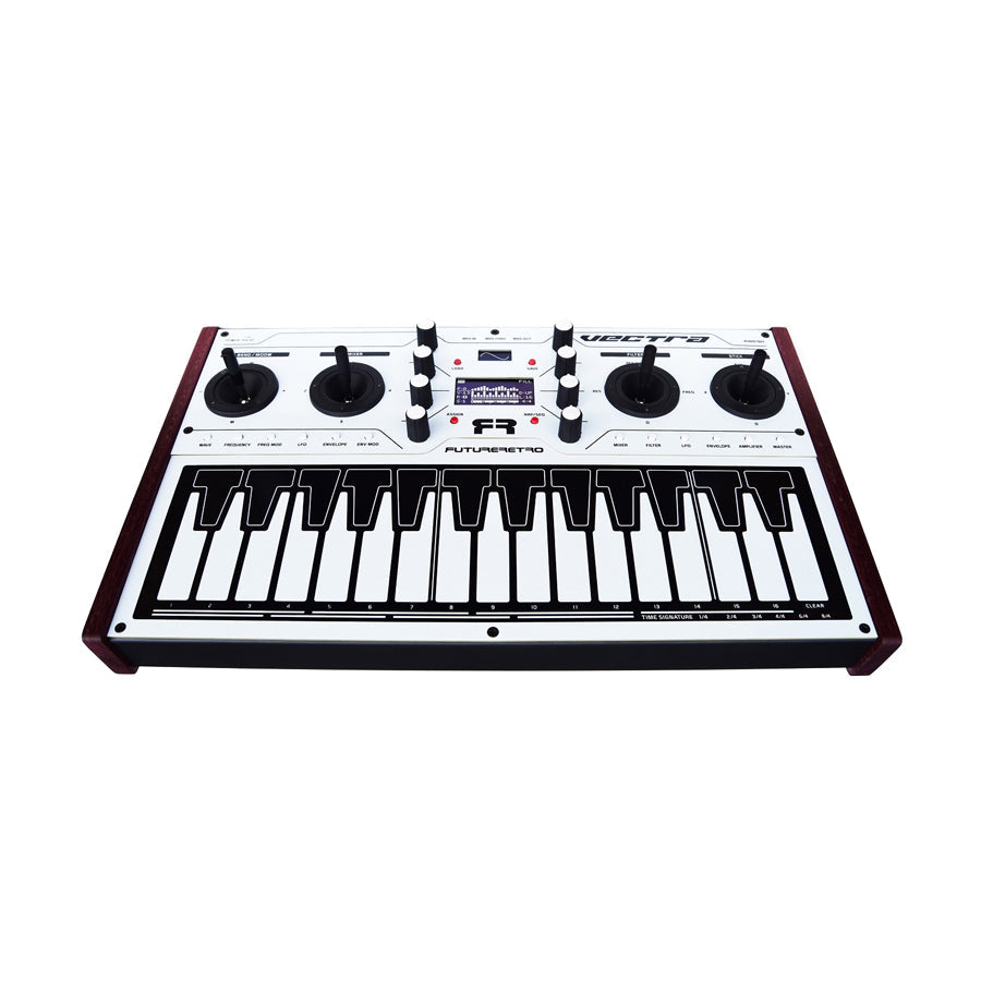 Compact synthesizer with joystick controls, rotary knobs, and a flat keyboard interface with 16 keys.