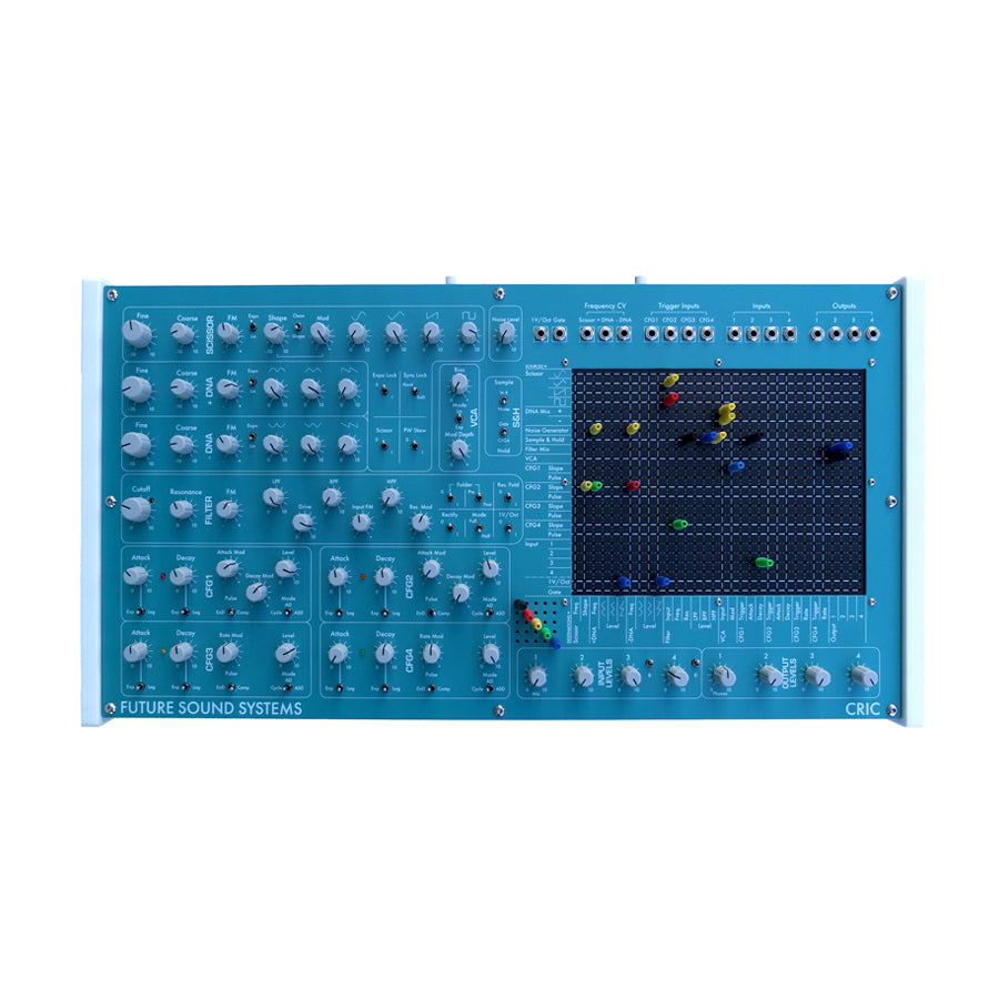 Blue electronic synthesizer module with multiple knobs, jacks, colored patch cables, and labeled sections