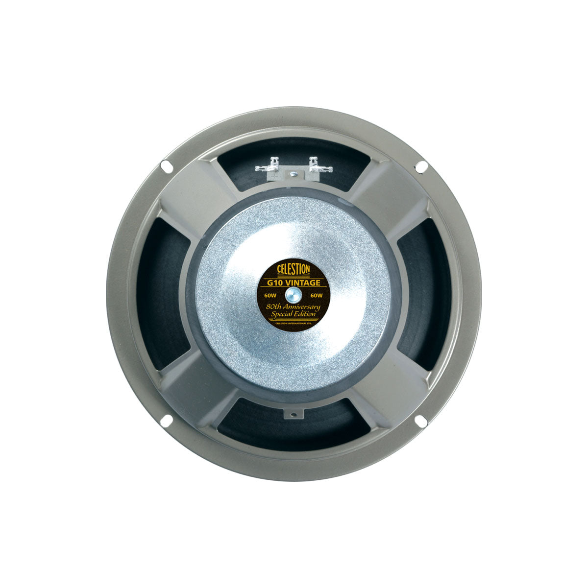 Round speaker with a metallic frame and label reading Celestion G10 Vintage 80th Anniversary Special Edition 60W