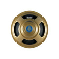 Gold-colored round Celestion speaker with blue label and two speaker terminals.