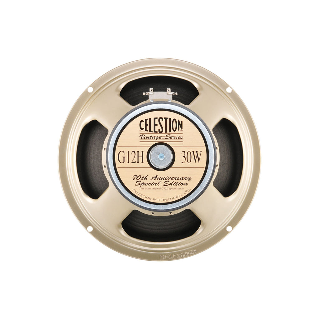Round Celestion Vintage Series speaker with beige frame and black cone, labeled G12H 30W 70th Anniversary Special Edition.