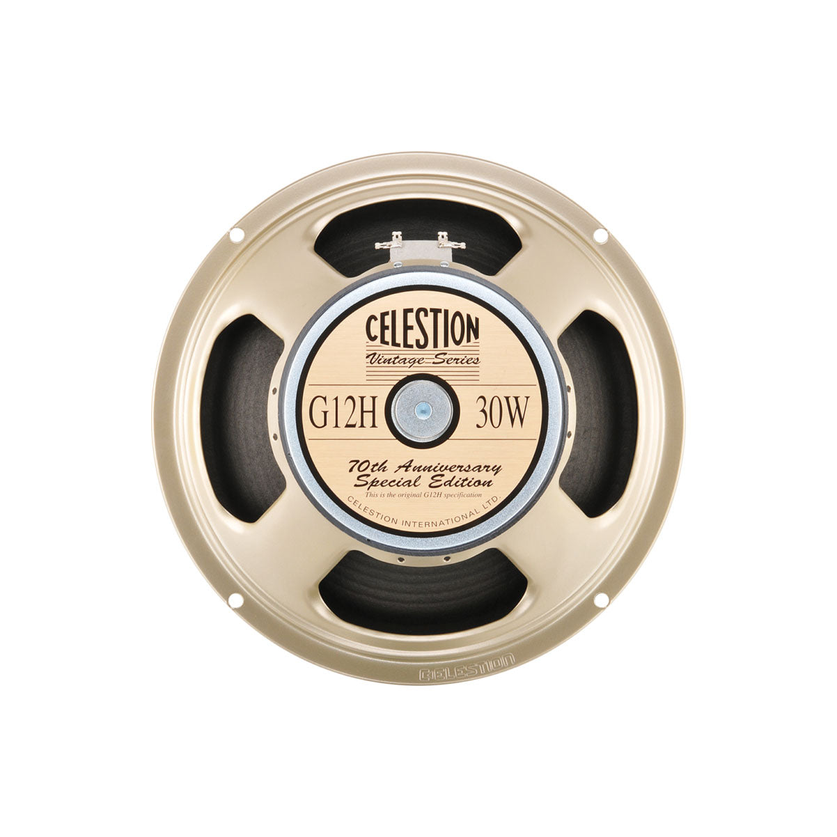 Round Celestion Vintage Series speaker with beige frame and black cone, labeled G12H 30W 70th Anniversary Special Edition.