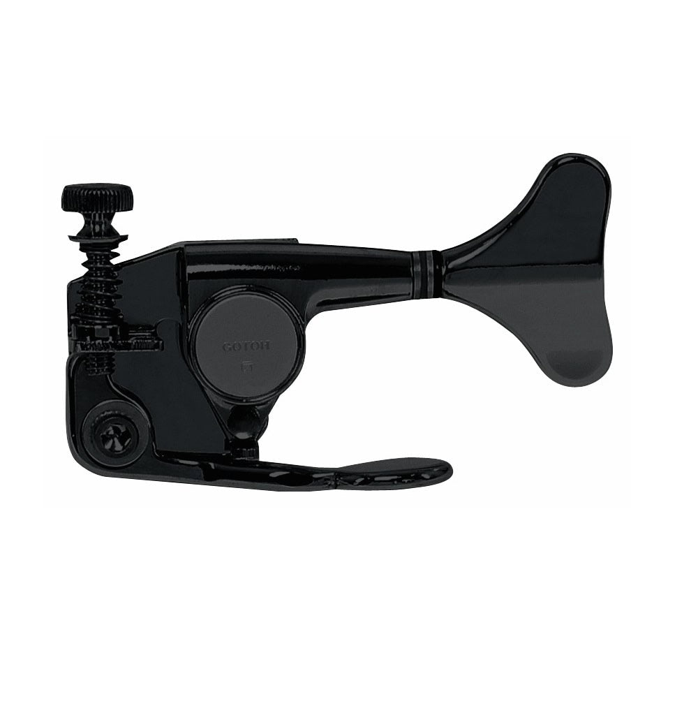 Black metal bass guitar tuner with a wing-shaped tuning key and adjustment knob.