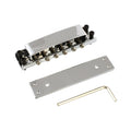 Chrome metal tune-o-matic bridge set with base plate and allen wrench on white background