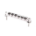 Nickel-colored ABR-style Tune-o-matic guitar bridge with six adjustable saddles and two mounting posts.