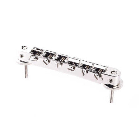 Nickel-colored ABR-style Tune-o-matic guitar bridge with six adjustable saddles and two mounting posts.