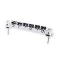 Chrome metal ABR-style guitar bridge with six adjustable saddles and two mounting posts.
