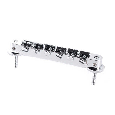 Chrome metal ABR-style guitar bridge with six adjustable saddles and two mounting posts.