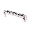Nickel-colored guitar Tune-o-matic style bridge with adjustable saddles and mounting posts.