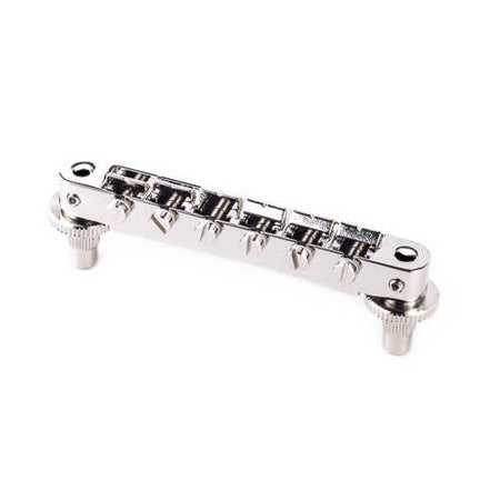Nickel-colored guitar Tune-o-matic style bridge with adjustable saddles and mounting posts.