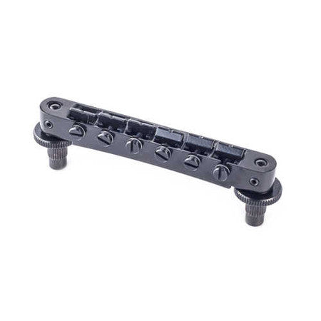 Black metal Tune-o-matic style guitar bridge with adjustable saddles and mounting screws.