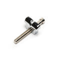 A metallic screw with an attached shiny rectangular component on a white background.
