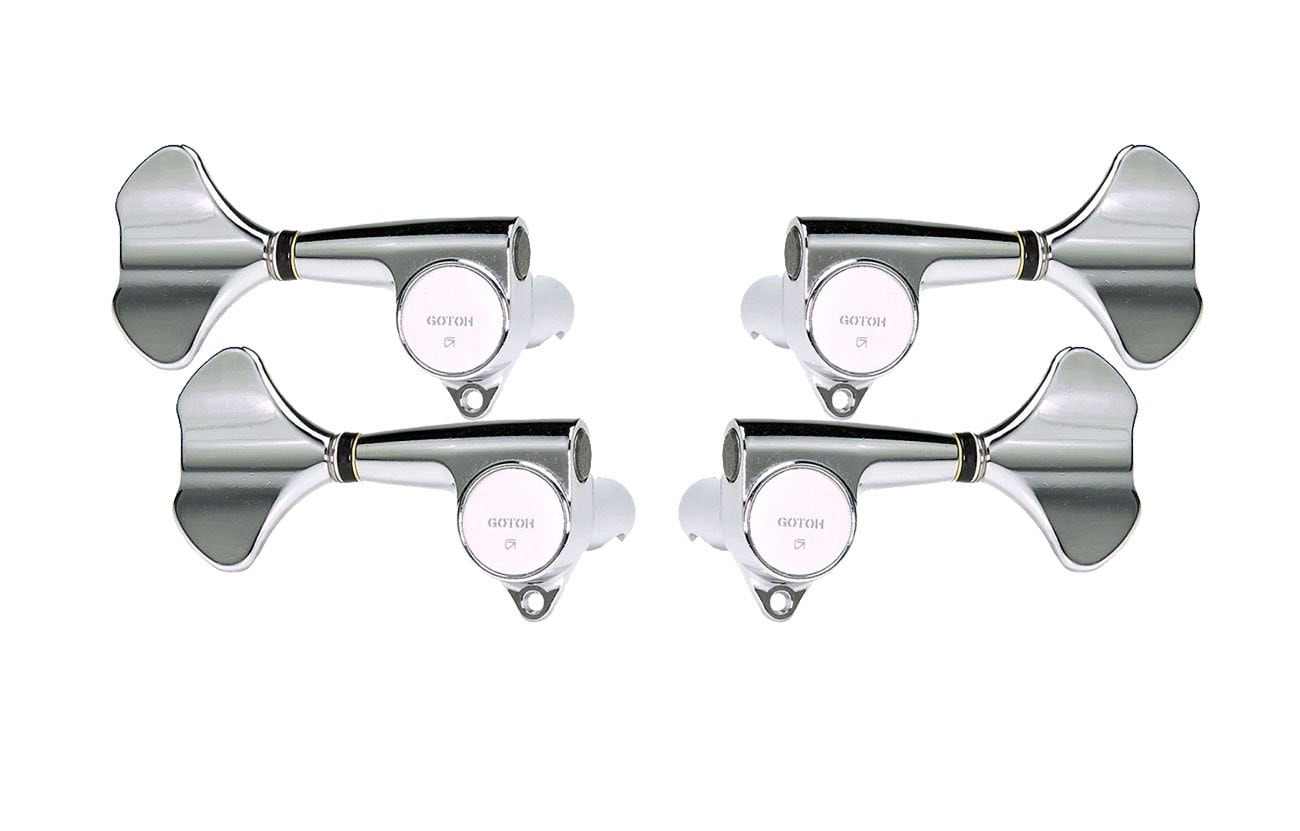 Set of four chrome bass guitar tuning pegs arranged in two rows on white background.