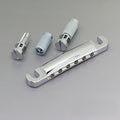 Silver metal guitar tailpiece with two screws and one threaded insert on gray background.