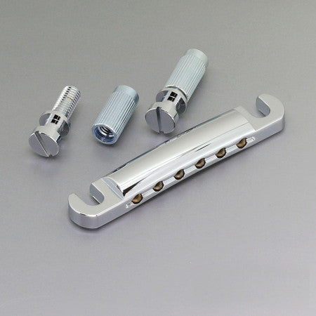Silver-colored metallic guitar bridge tailpiece with two threaded inserts and a thumbscrew on a plain background.