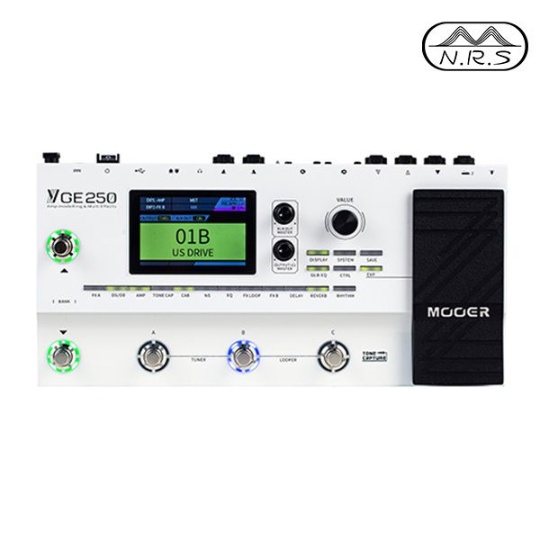 White Mooer GE250 multi-effects processor with screen, knobs, footswitches, and black expression pedal.