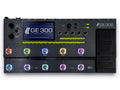 Black multi effects processor with colorful footswitch lights, display screen, knobs, buttons, and expression pedal on the side.