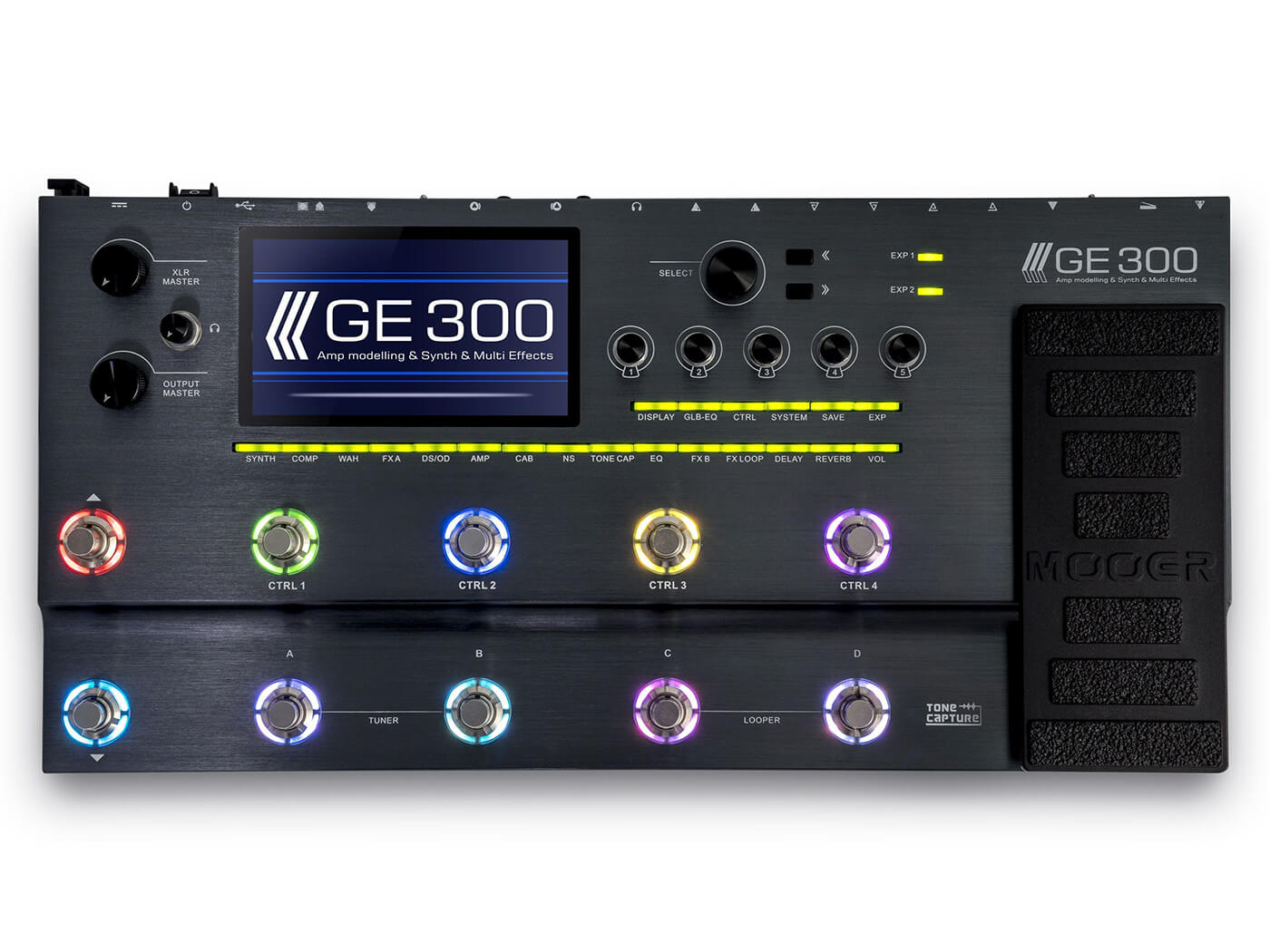 Black multi effects processor with colorful footswitch lights, display screen, knobs, buttons, and expression pedal on the side.