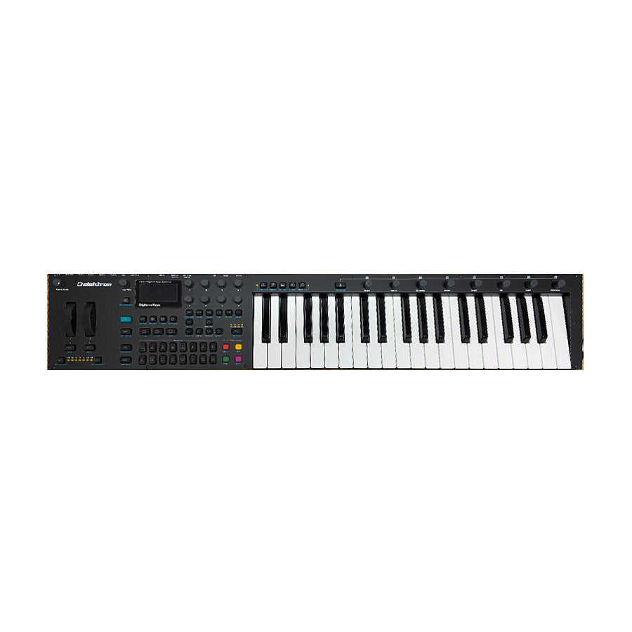 Black electronic keyboard synthesizer with keys, knobs, buttons, joystick, and small display screen.
