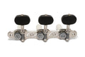 Set of three silver metal classical guitar tuning machine heads with black oval tuning buttons.