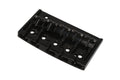 Black metal bridge for a five-string bass guitar with individual adjustable saddles and screws.