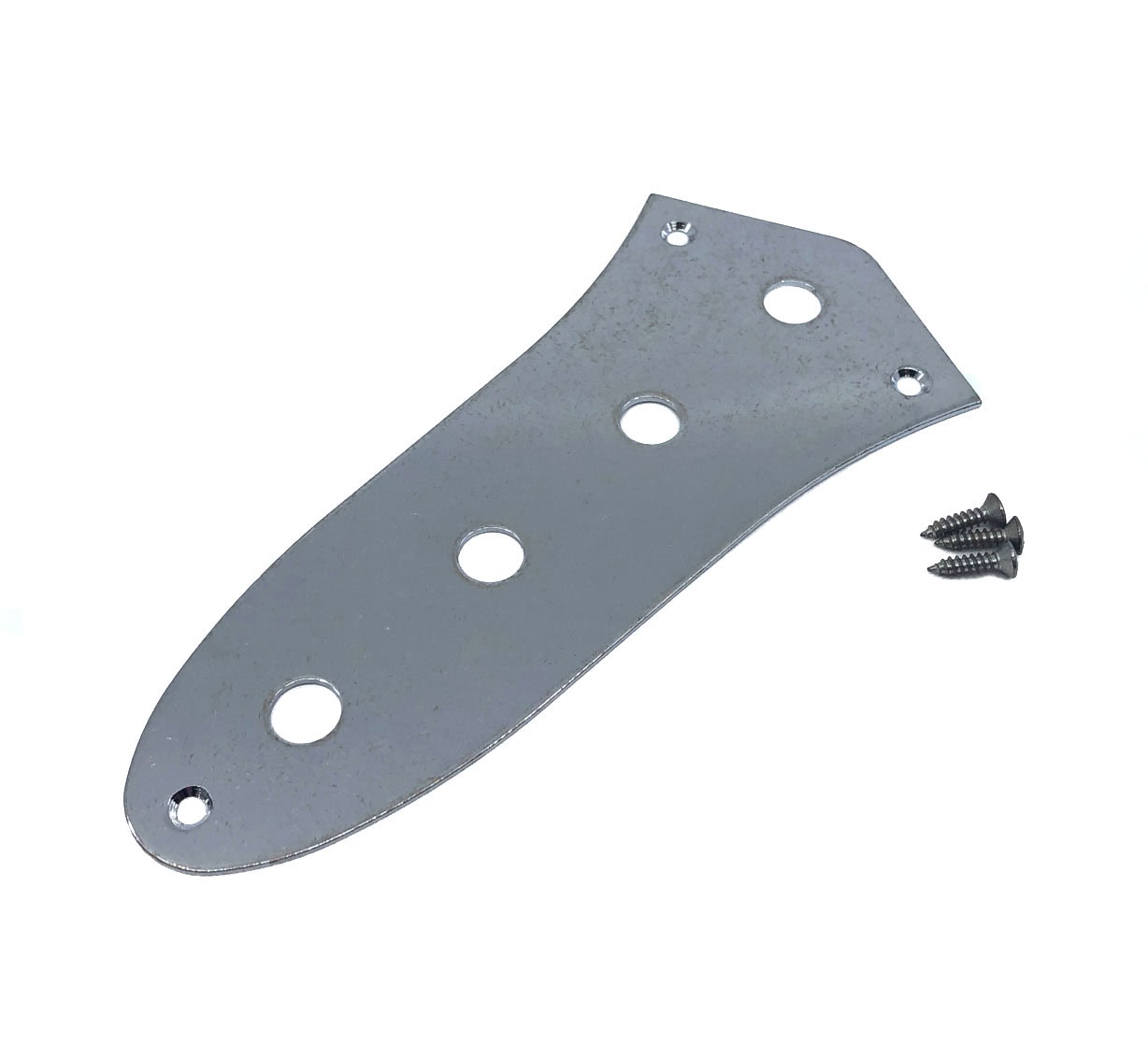 Silver metal control plate for bass with four holes and three black screws shown on white background.