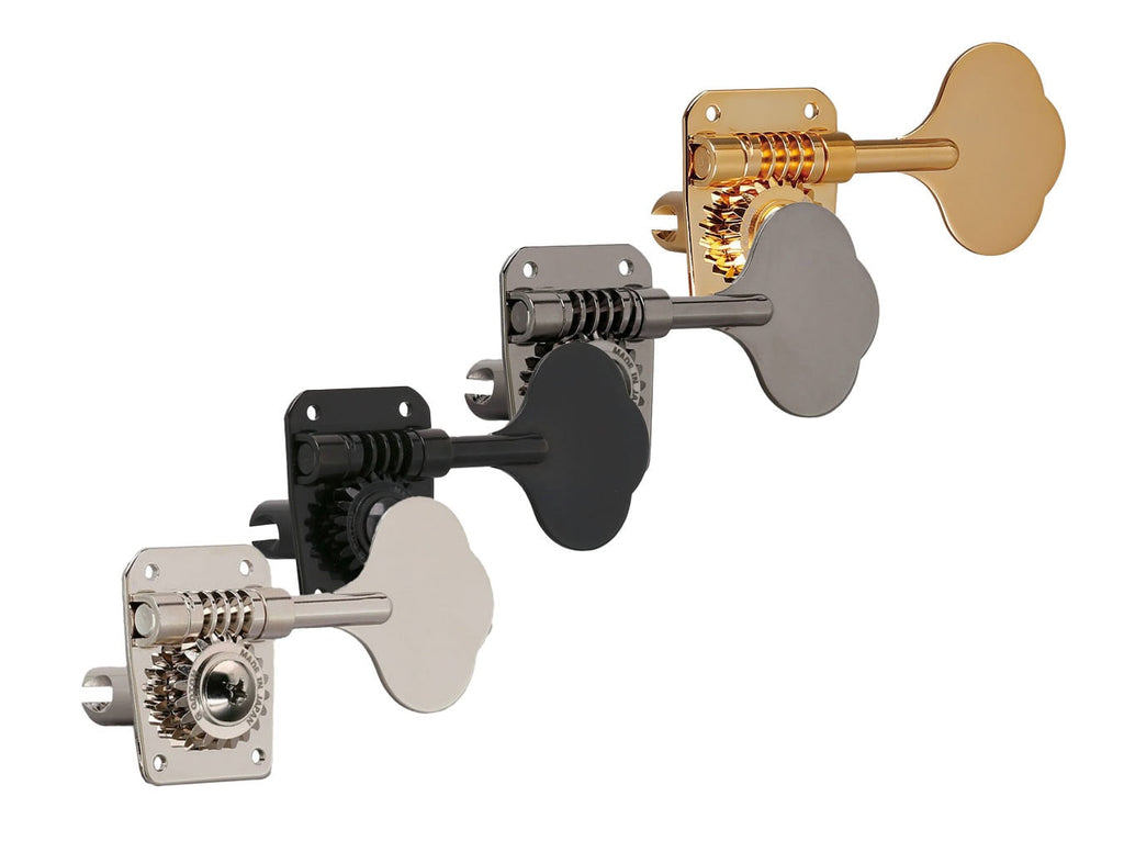 Four inline metal bass guitar machine heads in silver, black, gray, and gold finishes.